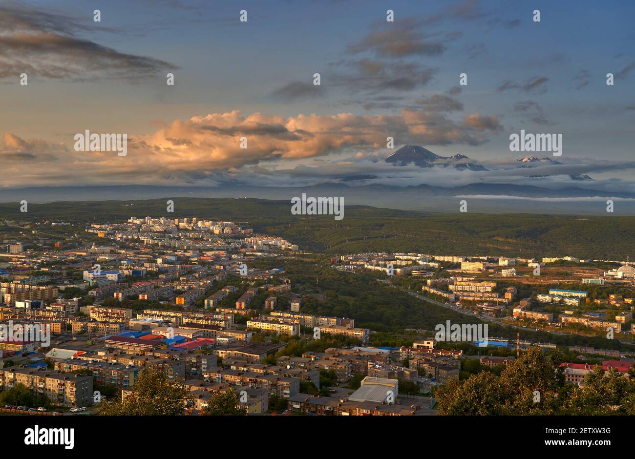 Petropavlovsk-Kamchatsky city at sunset Stock Photo