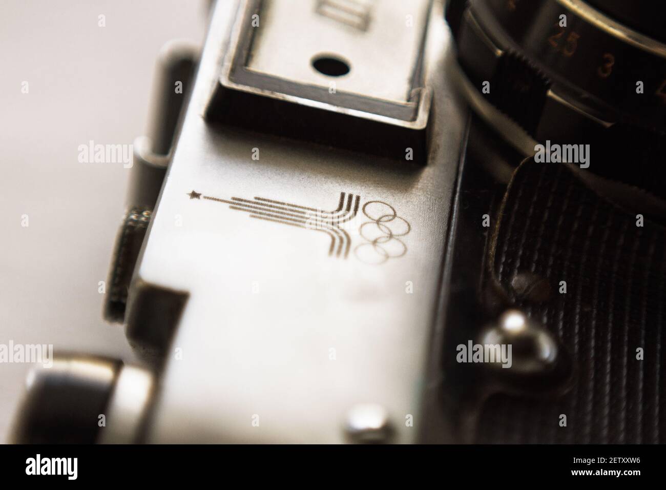 Retro photo camera FED 5v, Soviet rangefinder camera with emblem of XXII Olympic Games. Illustrative editorial: Ufa, Russia - January 31, 2014 Stock Photo