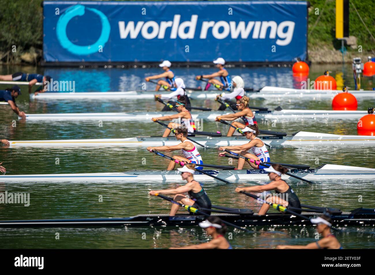 Linz, Austria, Sunday,  24th Aug 2019, FISA World Rowing Championship, Regatta, USA LW2X, Bow Michelle SECHSER, Christine CAVALLO, moving away, from the start pontoon, in their heat,  [Mandatory Credit; Peter SPURRIER/Intersport Images]  11:36:45, Sunday Stock Photo