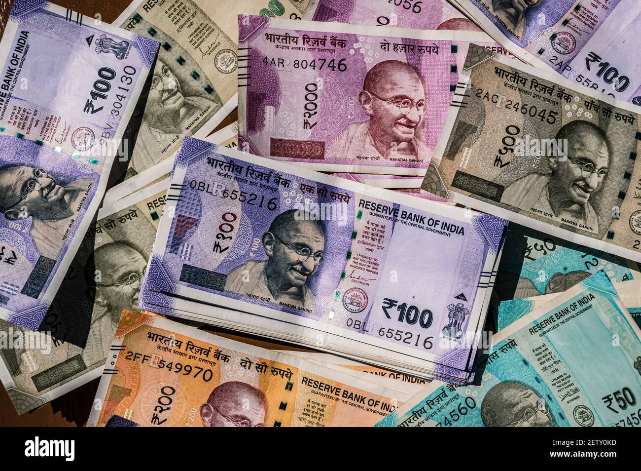 Indian Paper Currency 50 100 200 500 And 2000 Rupee On The Table In Natural Light Stock Photo Alamy