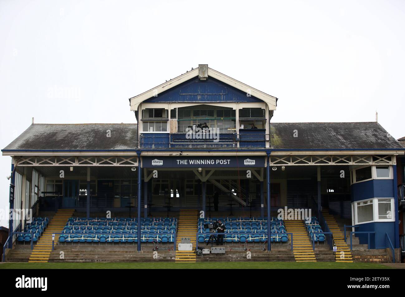 A general view of the grandstand with seats taped shut for social distancing at Leicester Racecourse. Picture date: Tuesday March 2, 2021. Stock Photo