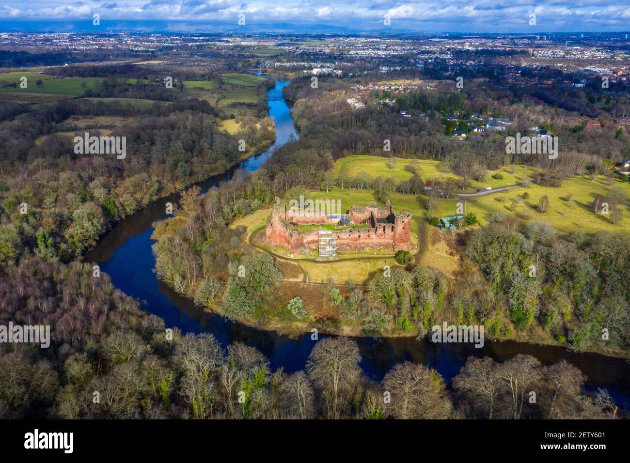 Aerial view of Bothwell Castle on the banks of the River Clyde, South Lanarkshire, Scotland. Stock Photo