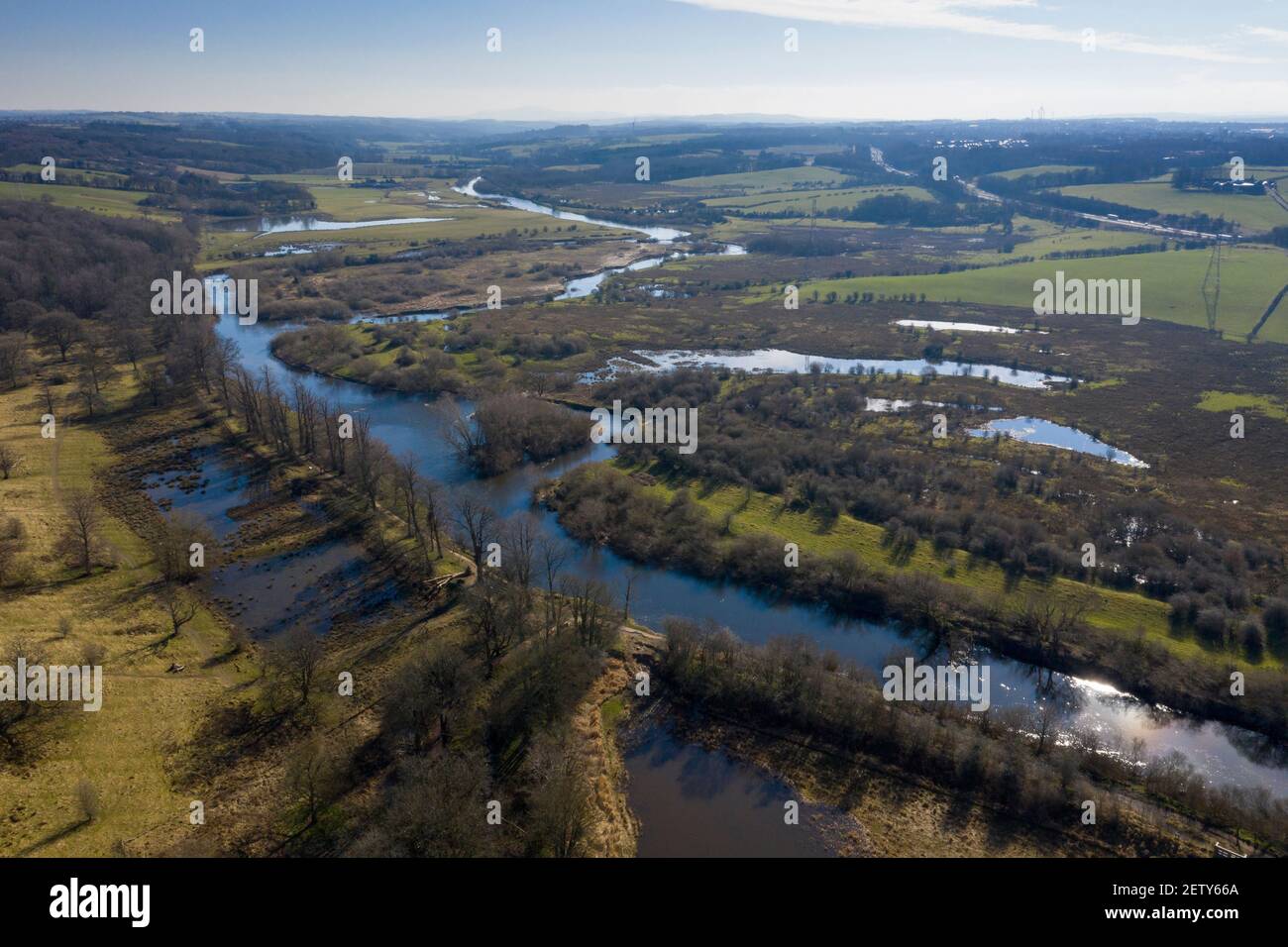 Aerial view of the River Clyde flowing past Dalzell Estate country park and RSPB Baron's Haugh Nature reserve near Motherwell, North Lanarkshire,. Stock Photo