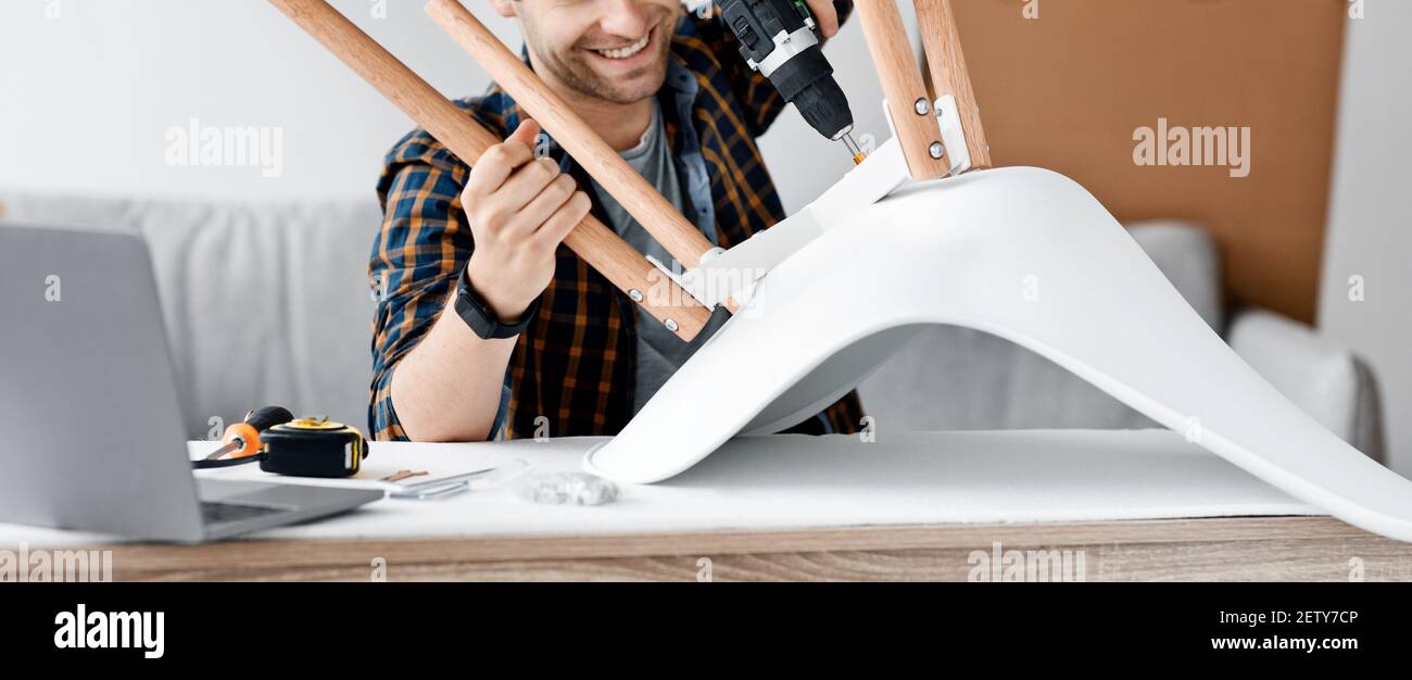 Covid-19 lockdown and self assemble furniture at home, order online Stock Photo
