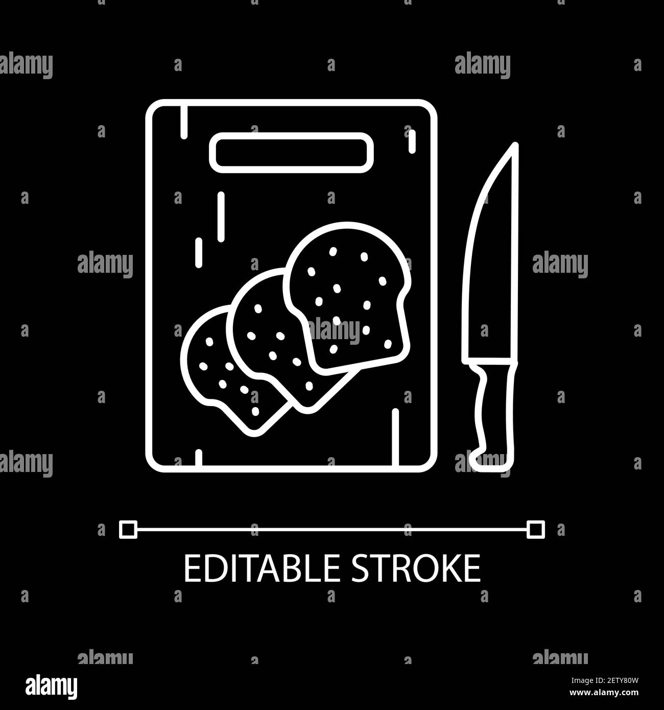 Bread toasts on cutting board white linear icon for dark theme Stock Vector