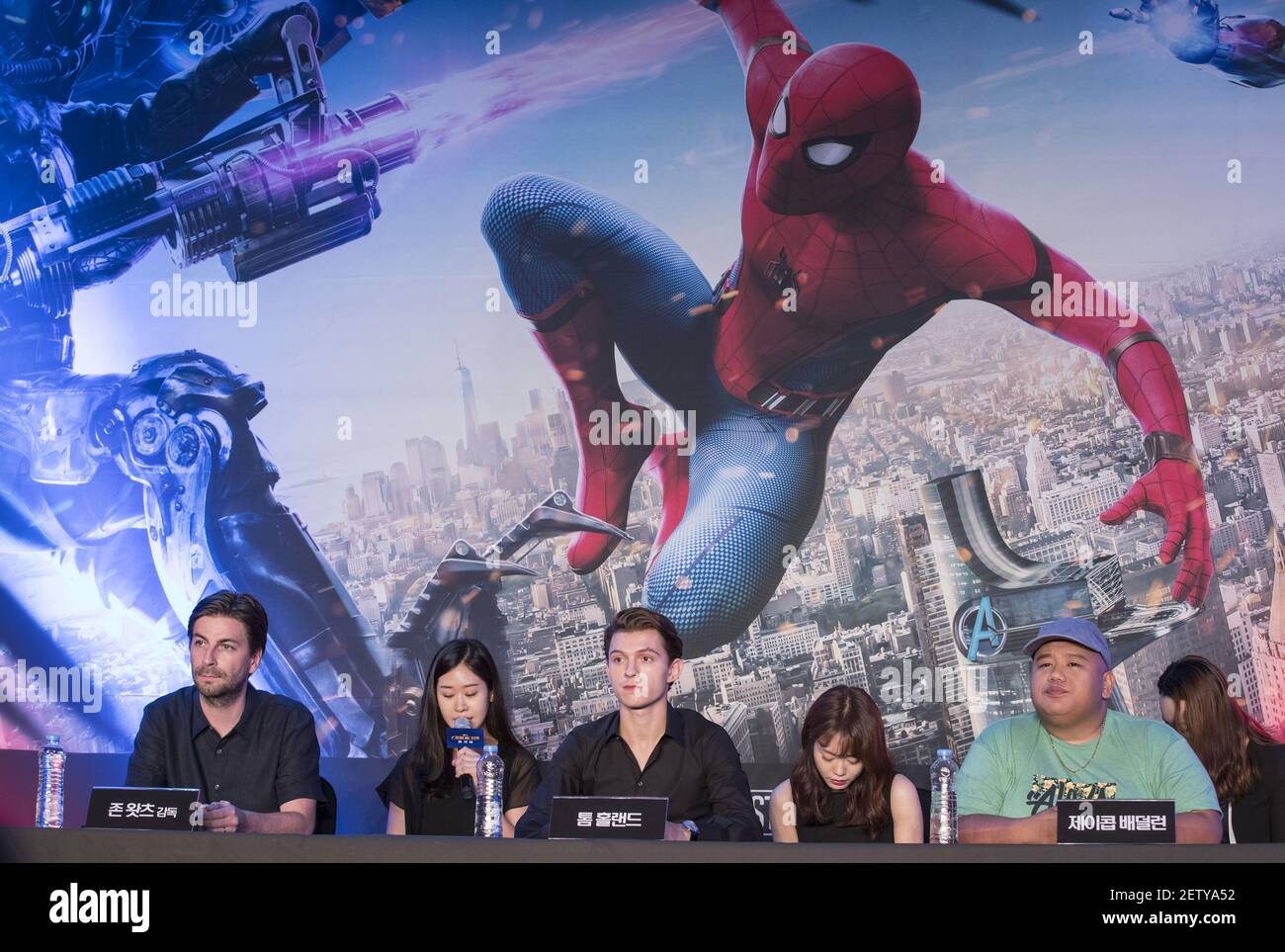 3 July 2017 - Seoul, South Korea : (L to R) Jon Watts, actors Tom Holland and Jacob Batalon, attend a press conference for the film Homecoming promote tour at