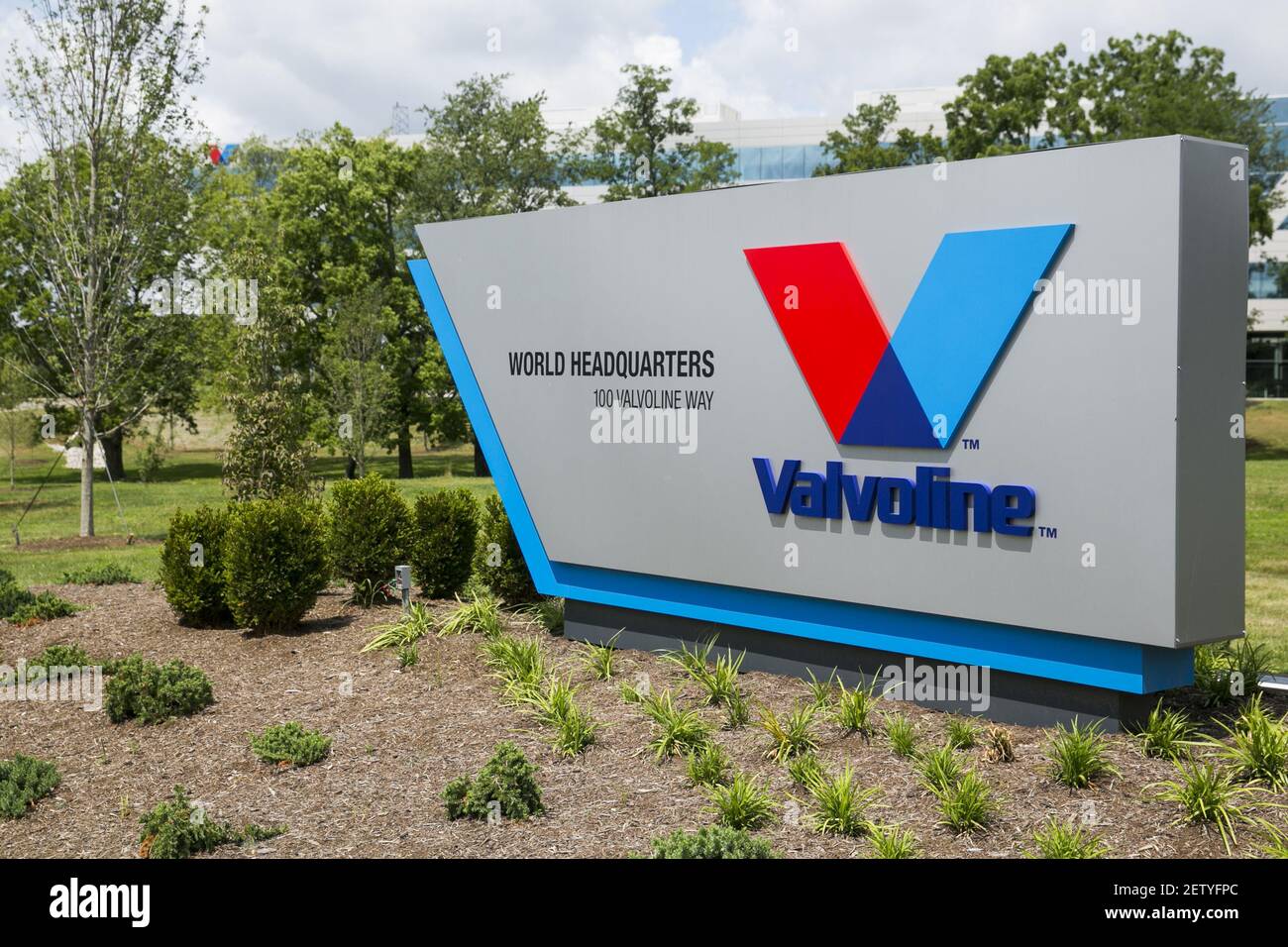 A logo sign outside of the headquarters of Valvoline in Lexington