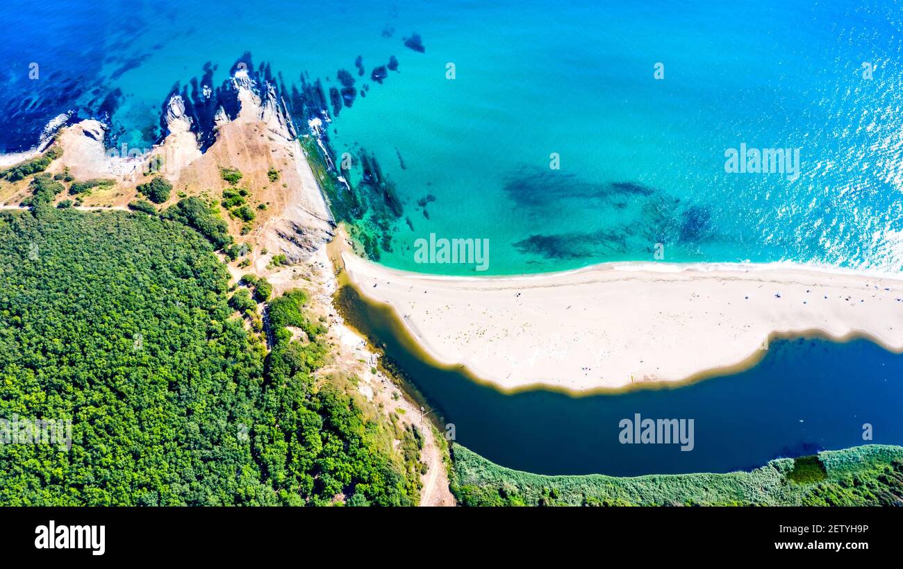 Sinemorets, Bulgaria. Aerial drone view of picturesque wild Veleka Beach at Black Sea coastline. Stock Photo