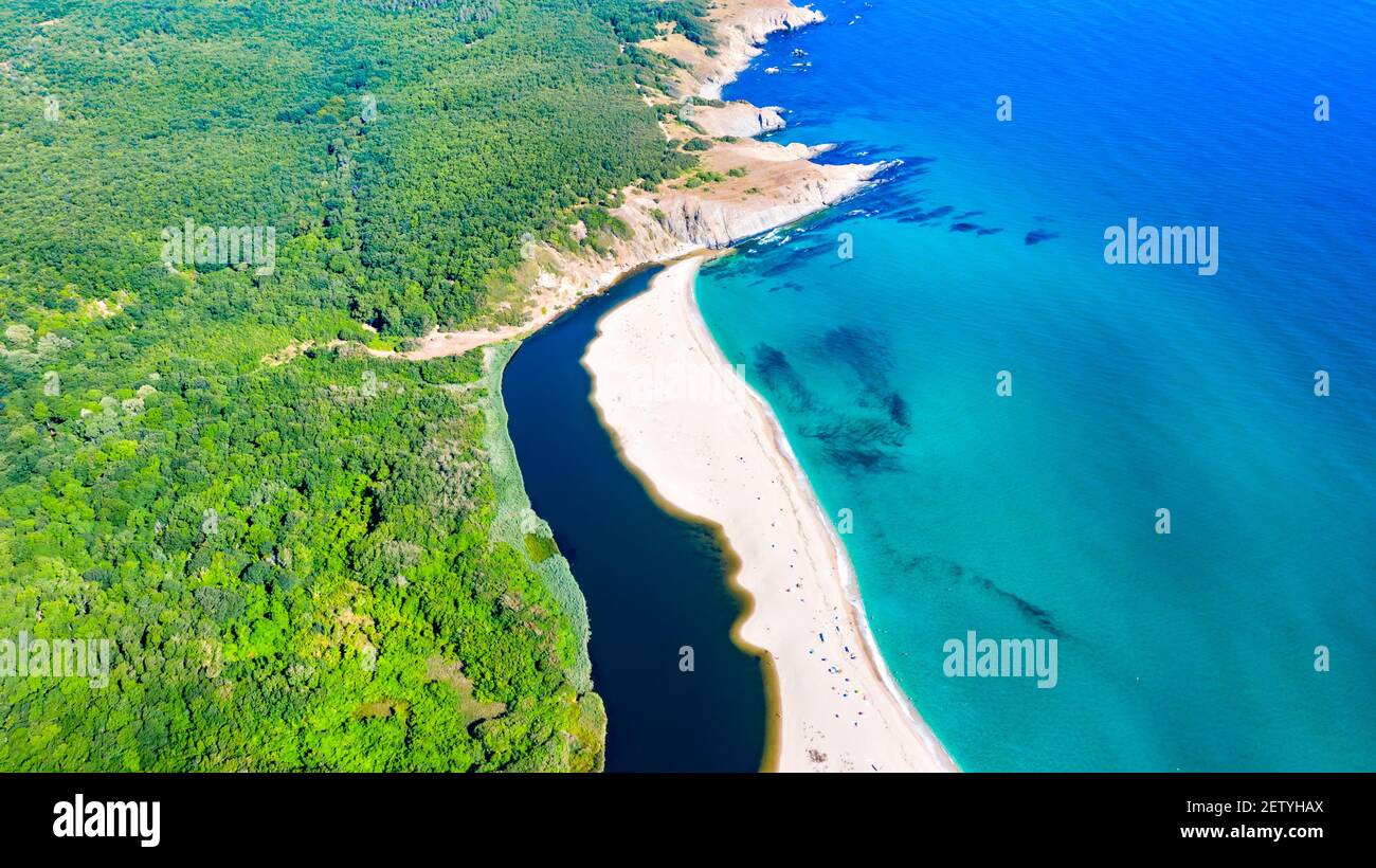 Sinemorets, Bulgaria. Aerial drone view of picturesque Veleka Beach at Black Sea wild coastline Stock Photo