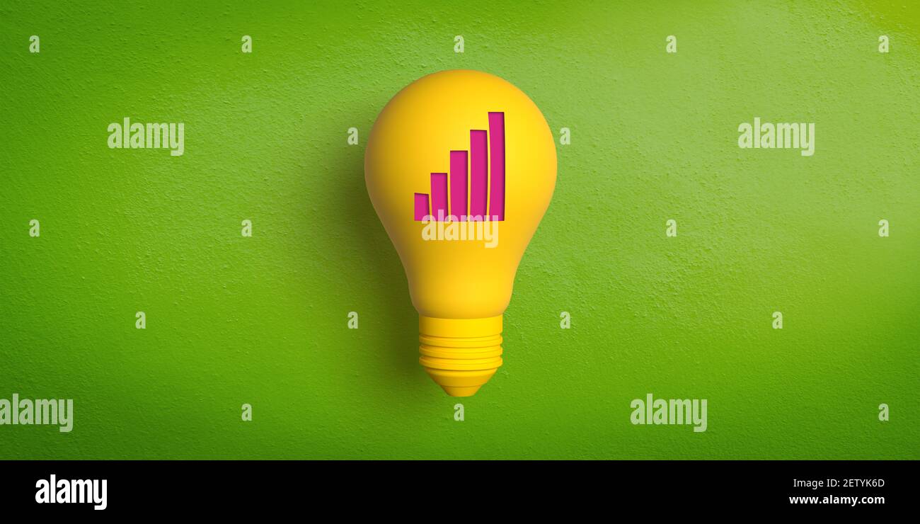 Ideas and innovation concept: 3D light bulb on green. Red growth graph ...