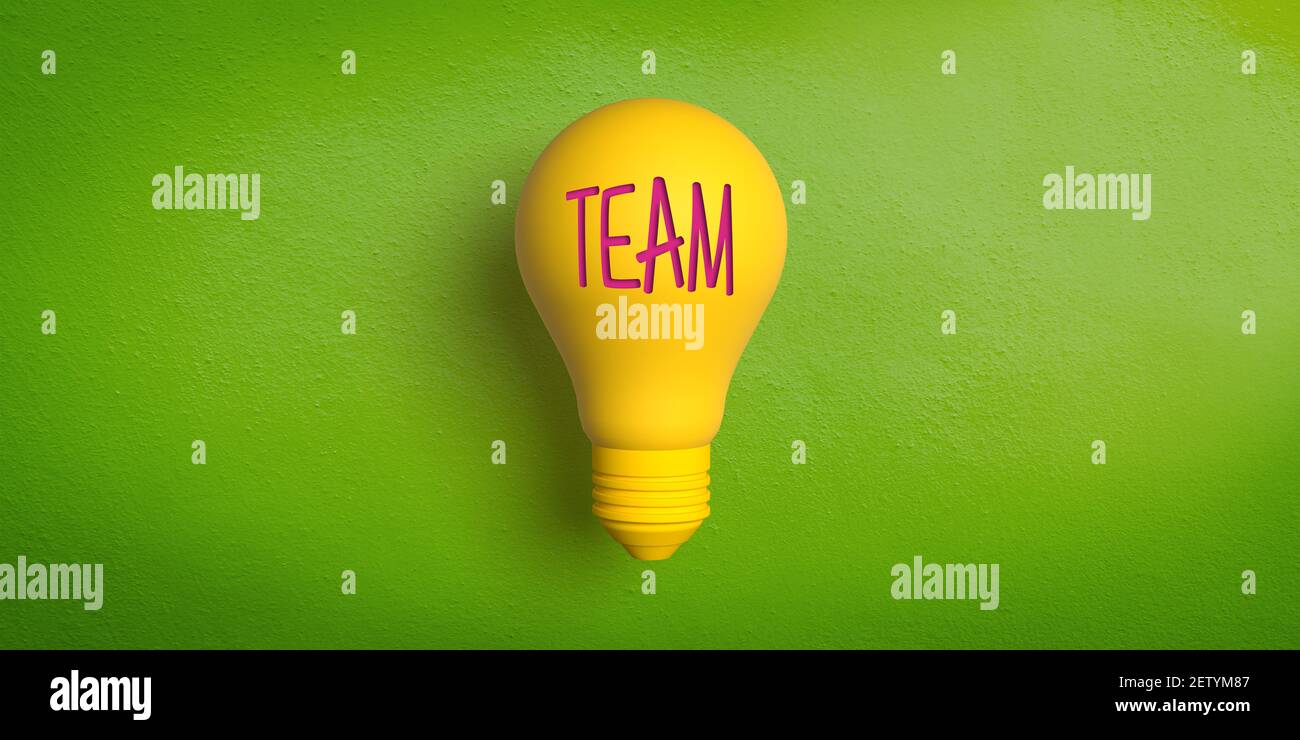 Ideas and innovation concept: 3D light bulb on green. TEAM word in red letters. Leadership, teamwork and brainstorming for common success. Stock Photo