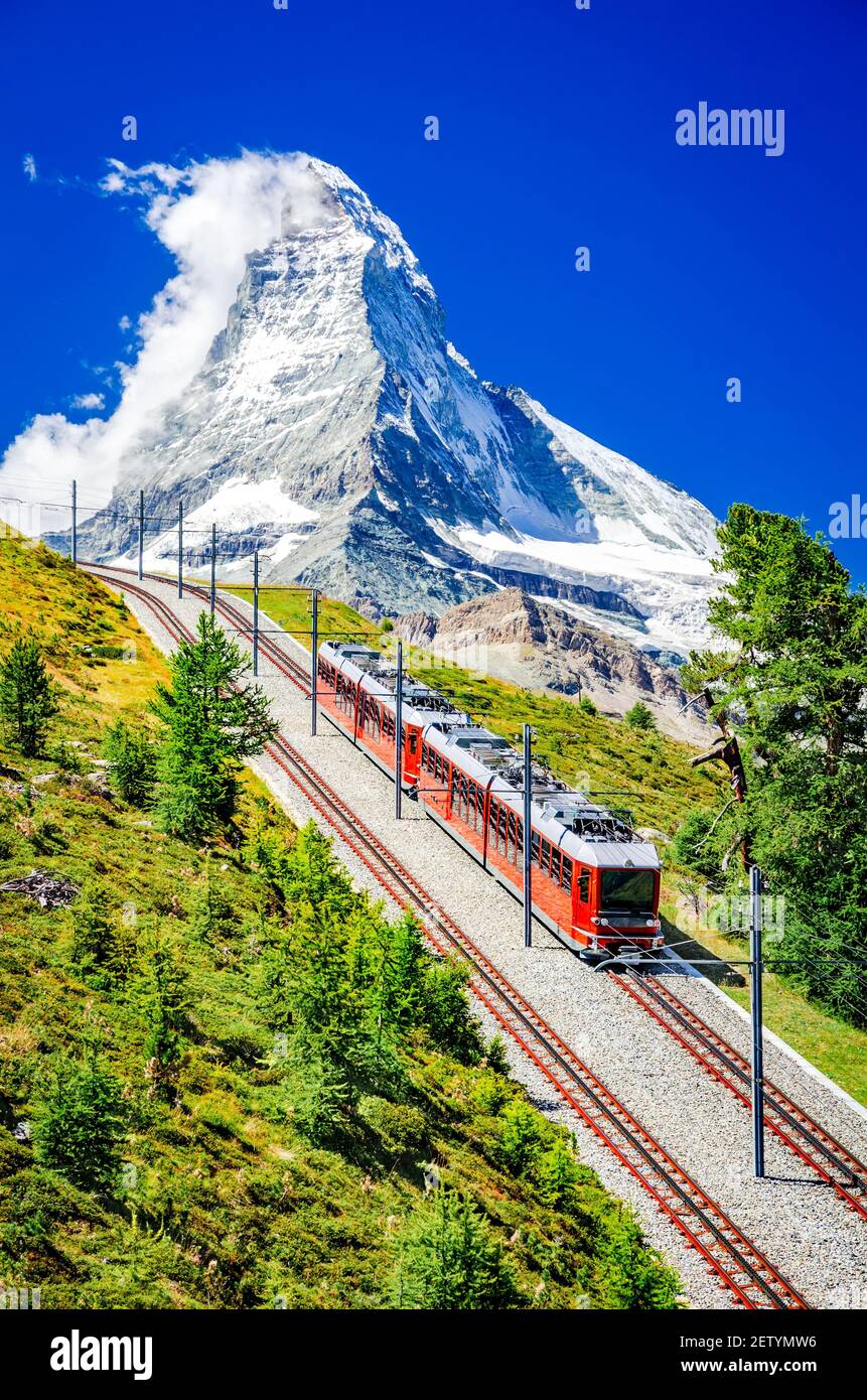 Matterhorn, Switzerland. Gornergratbahn long gauge mountain rack railway leading famous Zermatt up to the Gornergrat belleview. Stock Photo