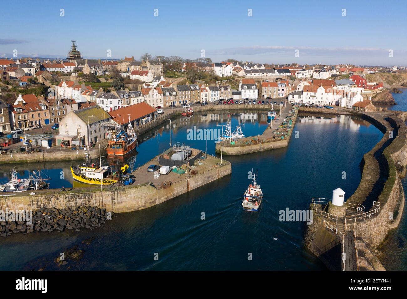 Aerial view from drone of harbour at Pittenweem fishing village in East Neuk of Fife, Scotland, UK Stock Photo