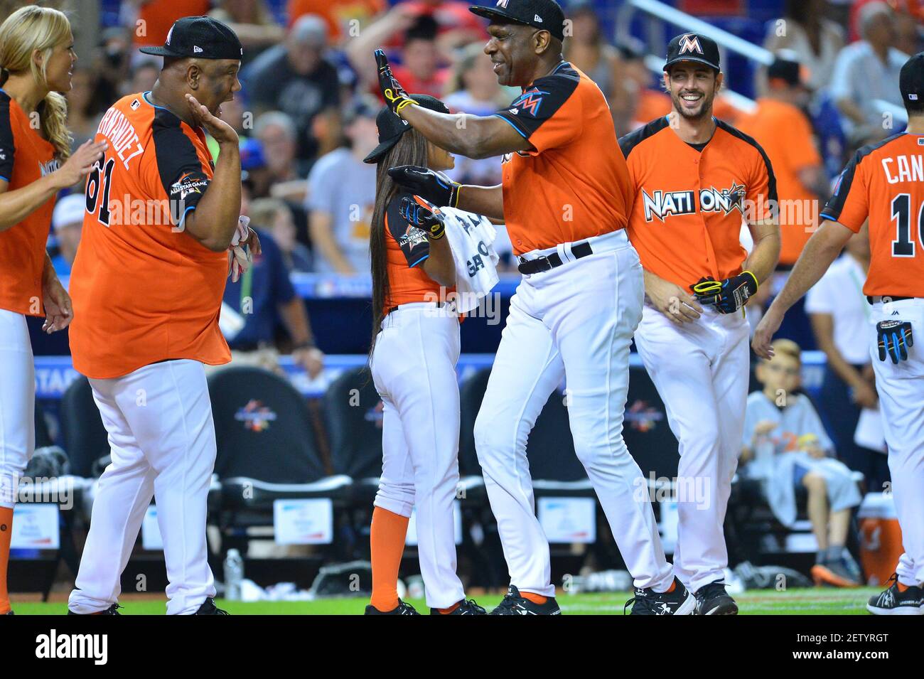 MIAMI, FL - JULY 09: Jennie Finch, Tim Raines, Christina Milian, Andre  Dawson and William Levy during 2017 the MLB All-Star Legends and Celebrity  Softball at Marlins Park on July 9, 2017