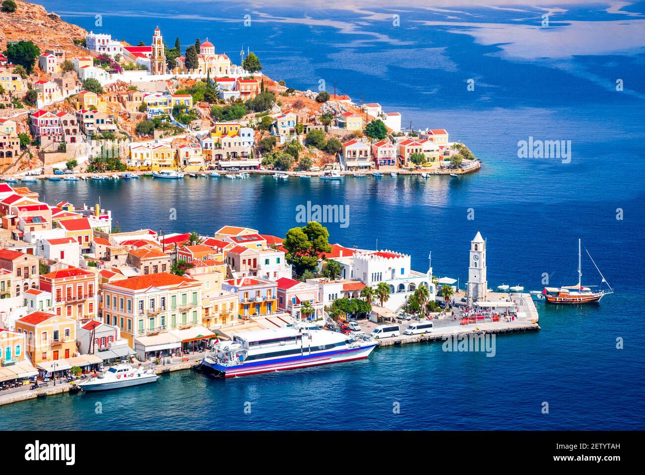 Symi Island, Greece. Greece islands holidays vacation travel tours from Rhodos island in Aegean Sea. Stock Photo