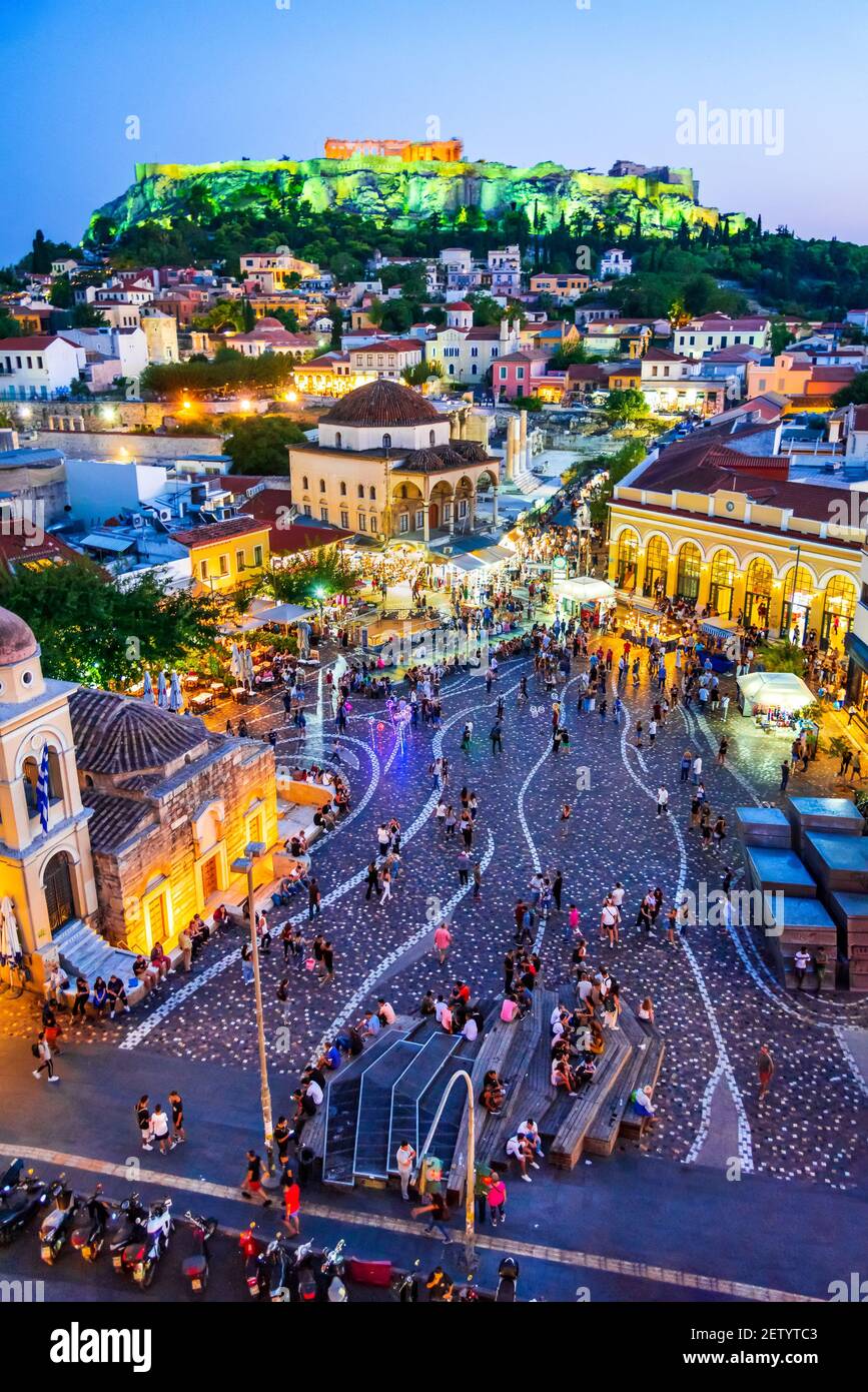 Athens, Greece - Monastiraki Square night image with and ancient Acropolis, traveling concept. Stock Photo