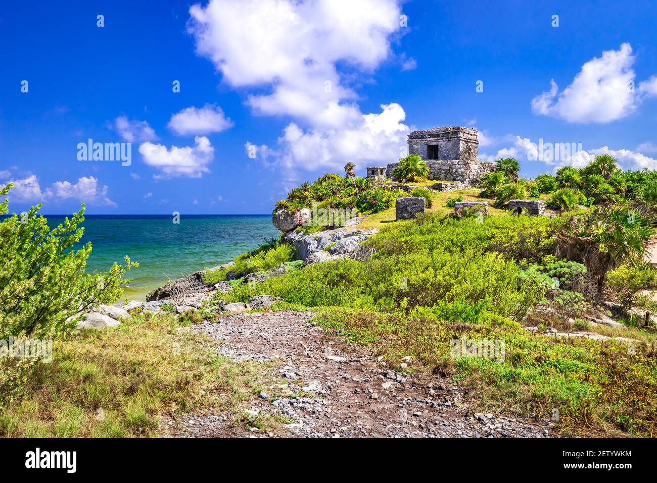 Tulum maya ruins and Caribbean Sea, Yucatan Peninsula in Mexico. Stock Photo