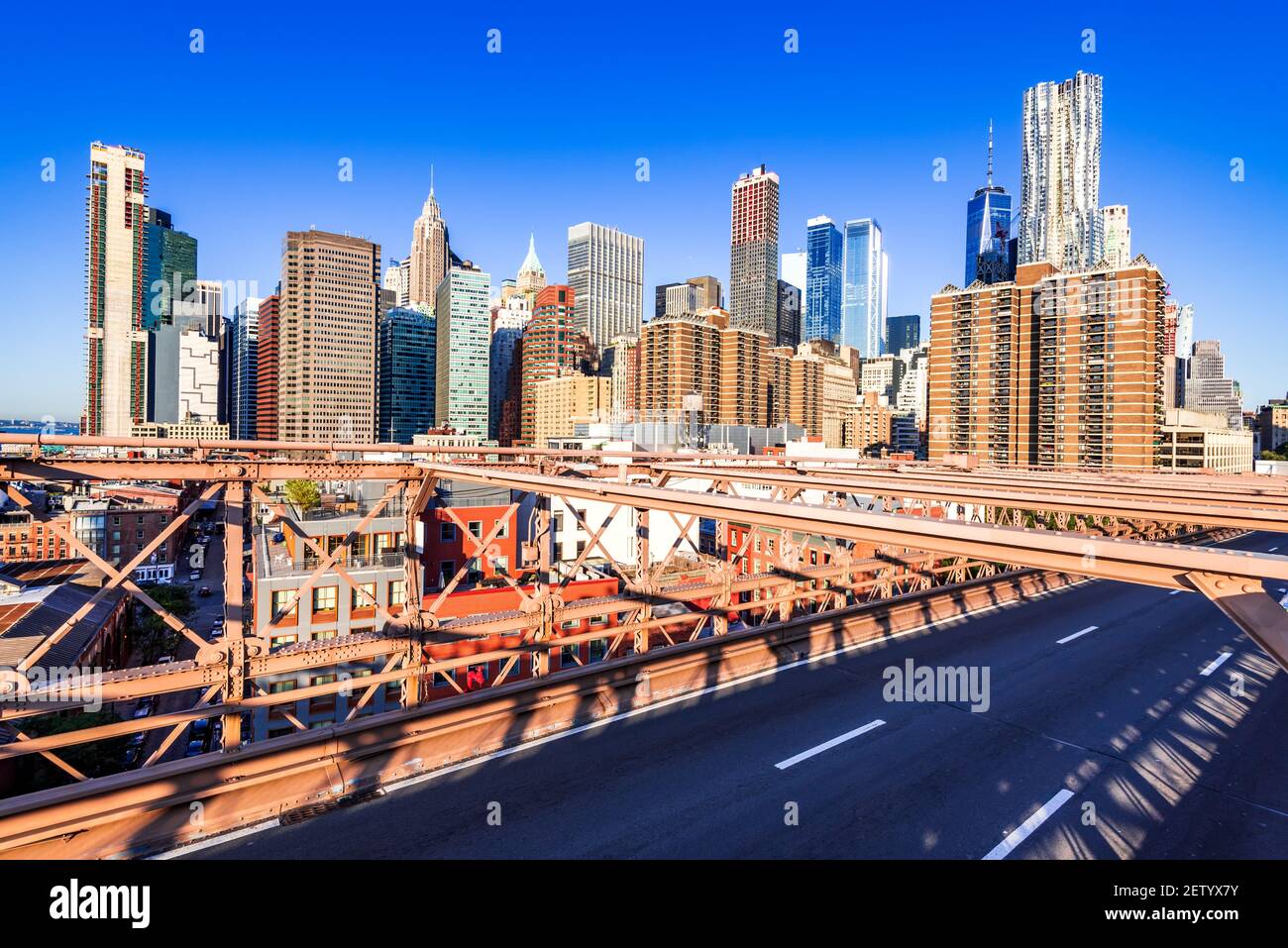 New York, Brooklyn Bridge - Downtown of Manhattan, New York city architectural scenery in United States of America. Stock Photo