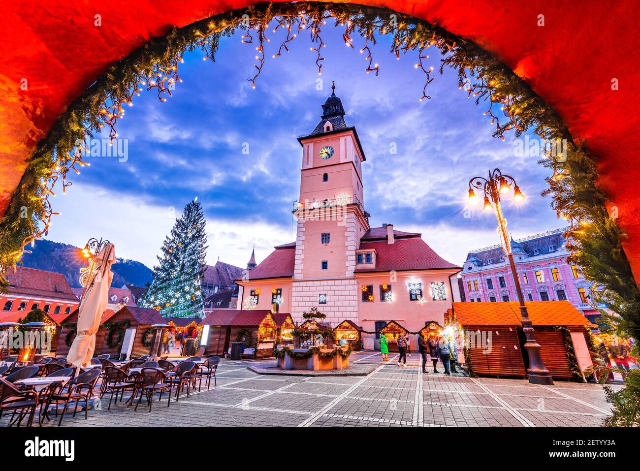 Brasov, Romania - December 2019:  Christmas Market in famous city of Transylvania, winter travel background Stock Photo