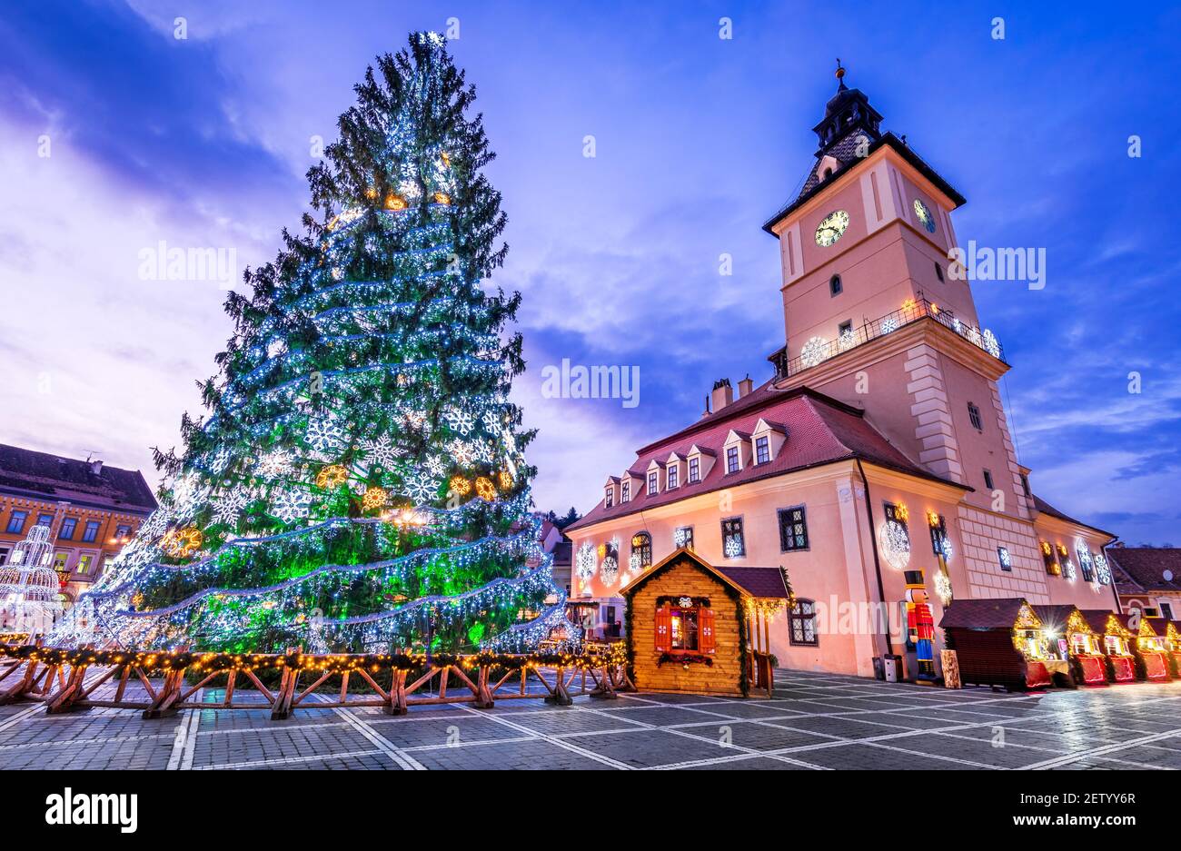 Brasov, Romania - December 2019:  Christmas Market Brasov, famous city of Transylvania in Eastern Europe Stock Photo