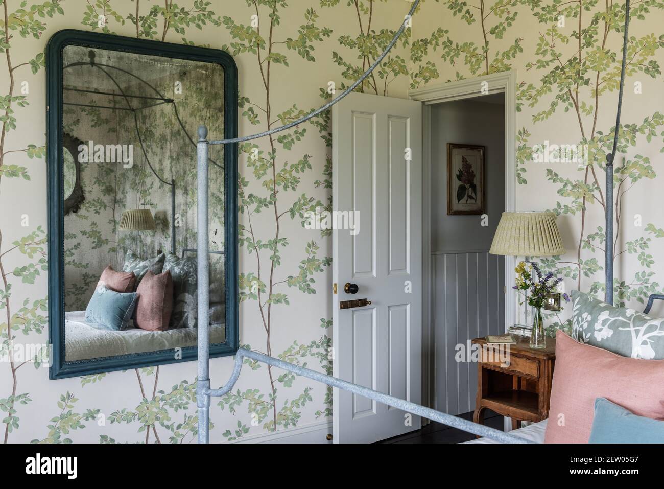 Vintage Bedroom With Lewis And Wood Beech Wallpaper In Off Grid Farmhouse Renovation Stock Photo Alamy