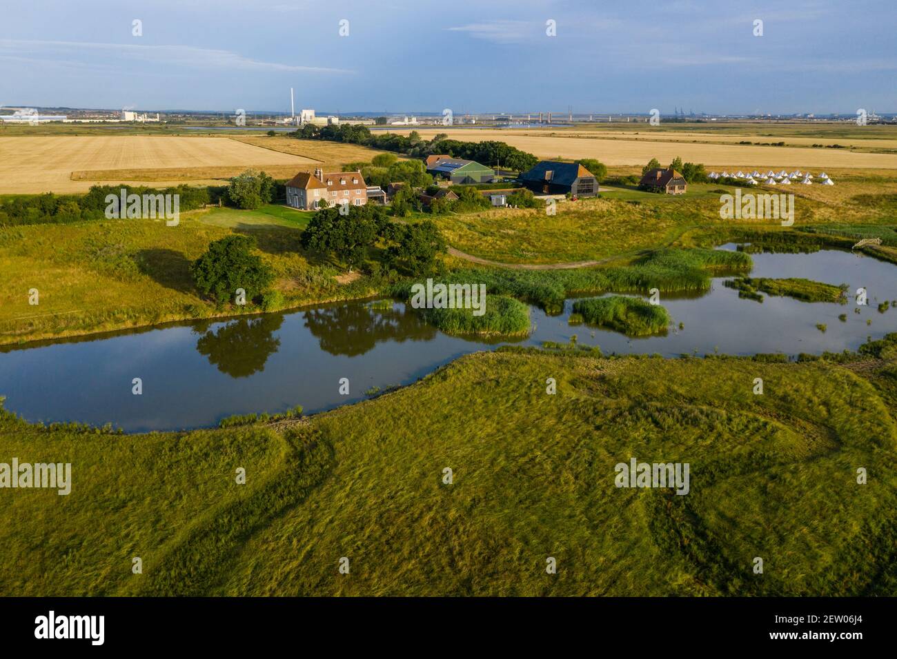 Off-grid farmhouse with bell tents in Elmley nature reserve, Sheppey. Stock Photo