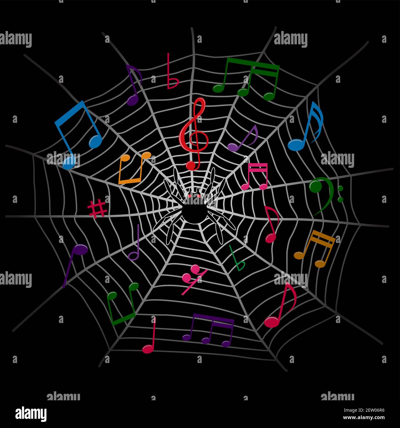 music notes and spider web dark background Stock Vector