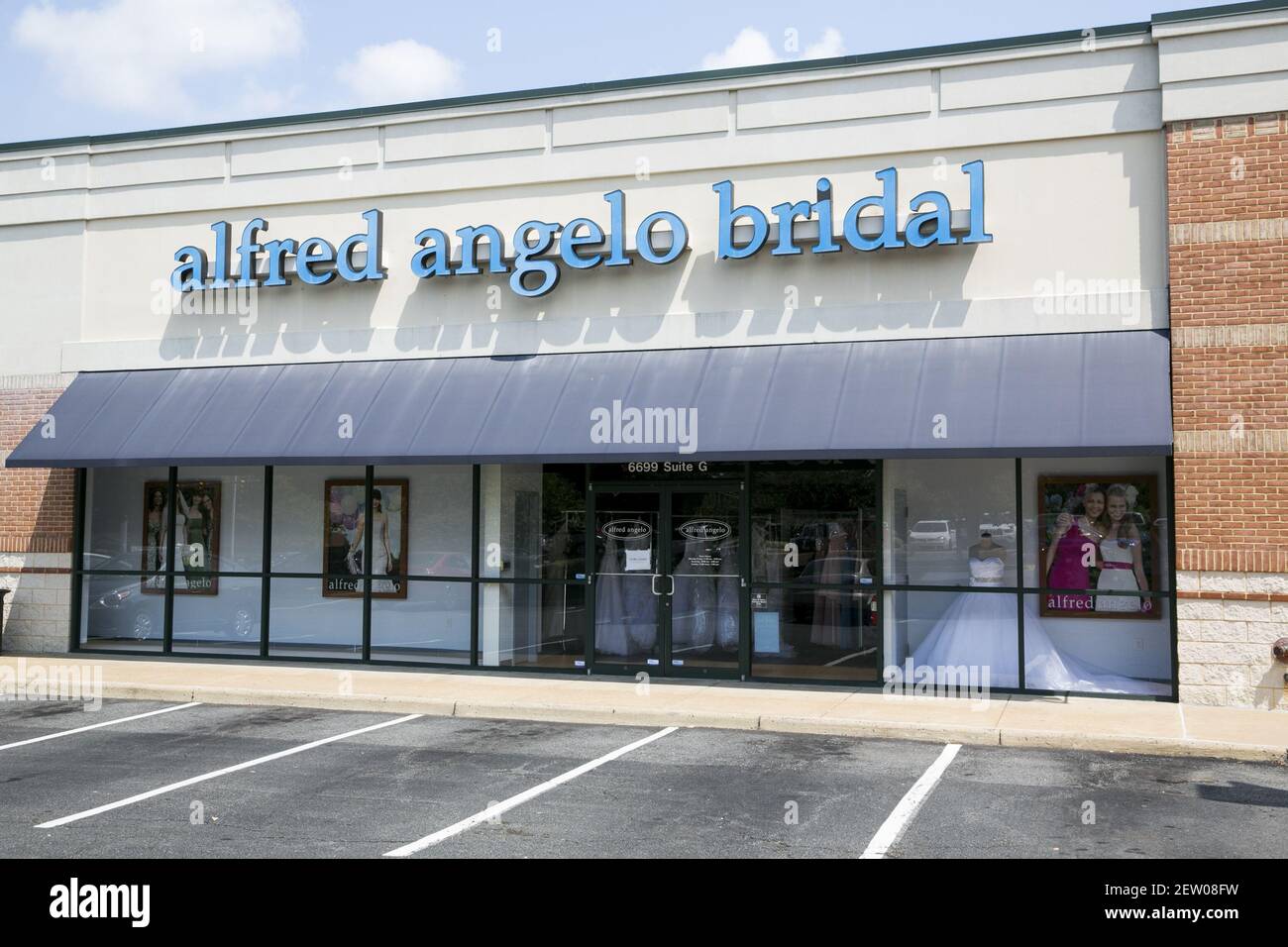 A logo sign outside of a closed Alfred Angelo Bridal retail store location in Springfield Virginia on July 18 2017. The company in business since 1933 abruptly closed all of its stores