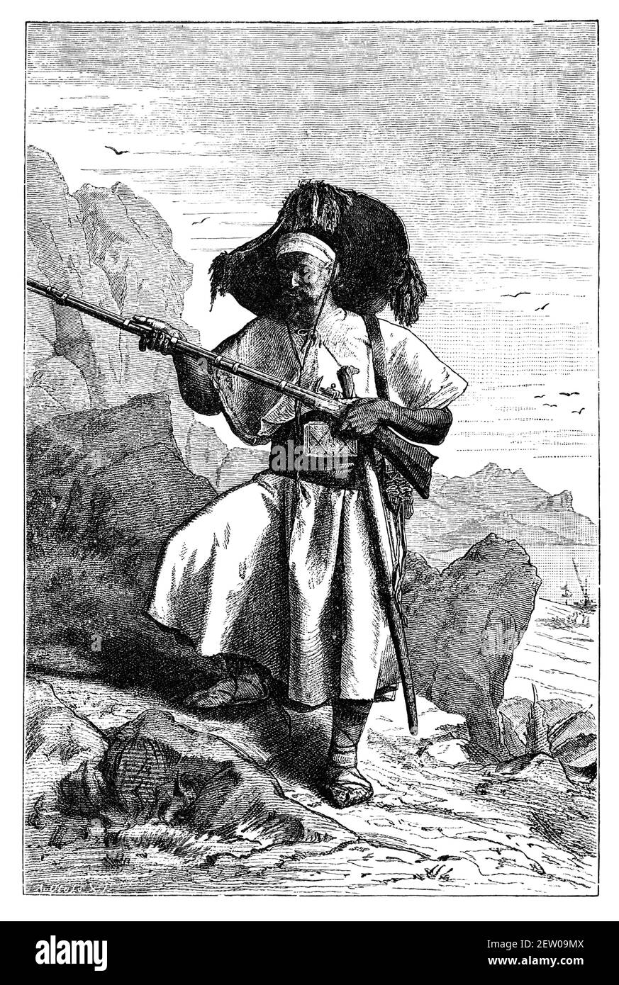 Armed Kabyle Berber man from today Algeria.Culture and history of North Africa. Vintage antique black and white illustration. 19th century. Stock Photo