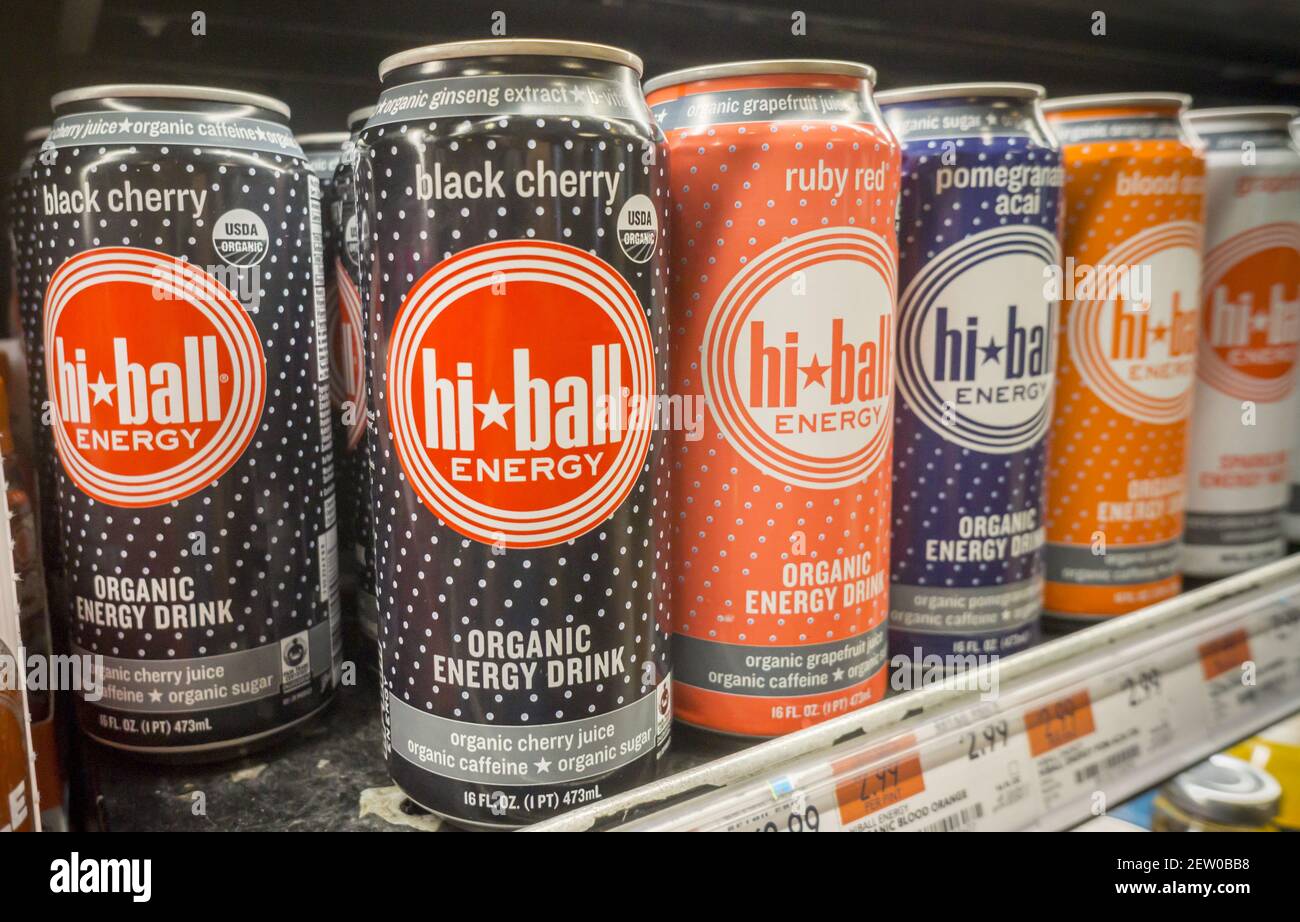 Cans of HiBall energy drinks in a supermarket cooler in New York on
