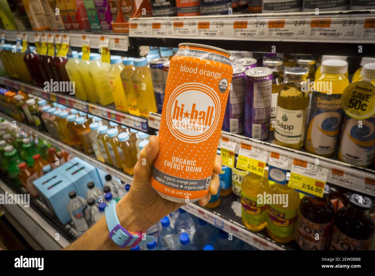 Cans of HiBall energy drinks in a supermarket cooler in New York on