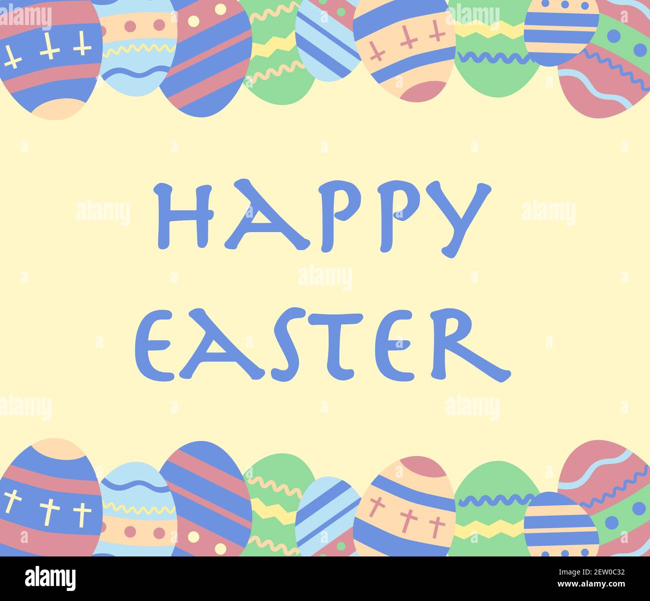 Easter eggs pattern with text Happy Easter - decorated eggs vector in pastel colors. Greeting card, copy space for text. Stock Vector