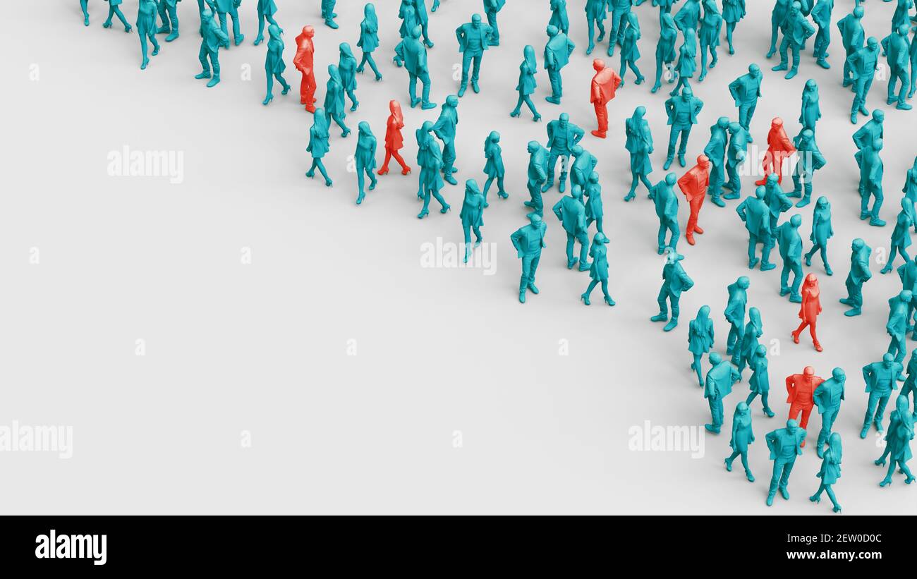 Red person in a crowd of people. High risk to spread disease viruses. Violations of self isolation and disastrous consequences. Pandemic concept. 3d Stock Photo