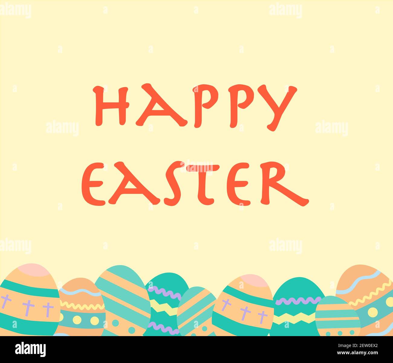 Easter eggs pattern with text Happy Easter - decorated eggs vector in pastel colors. Greeting card, copy space for text. Stock Vector