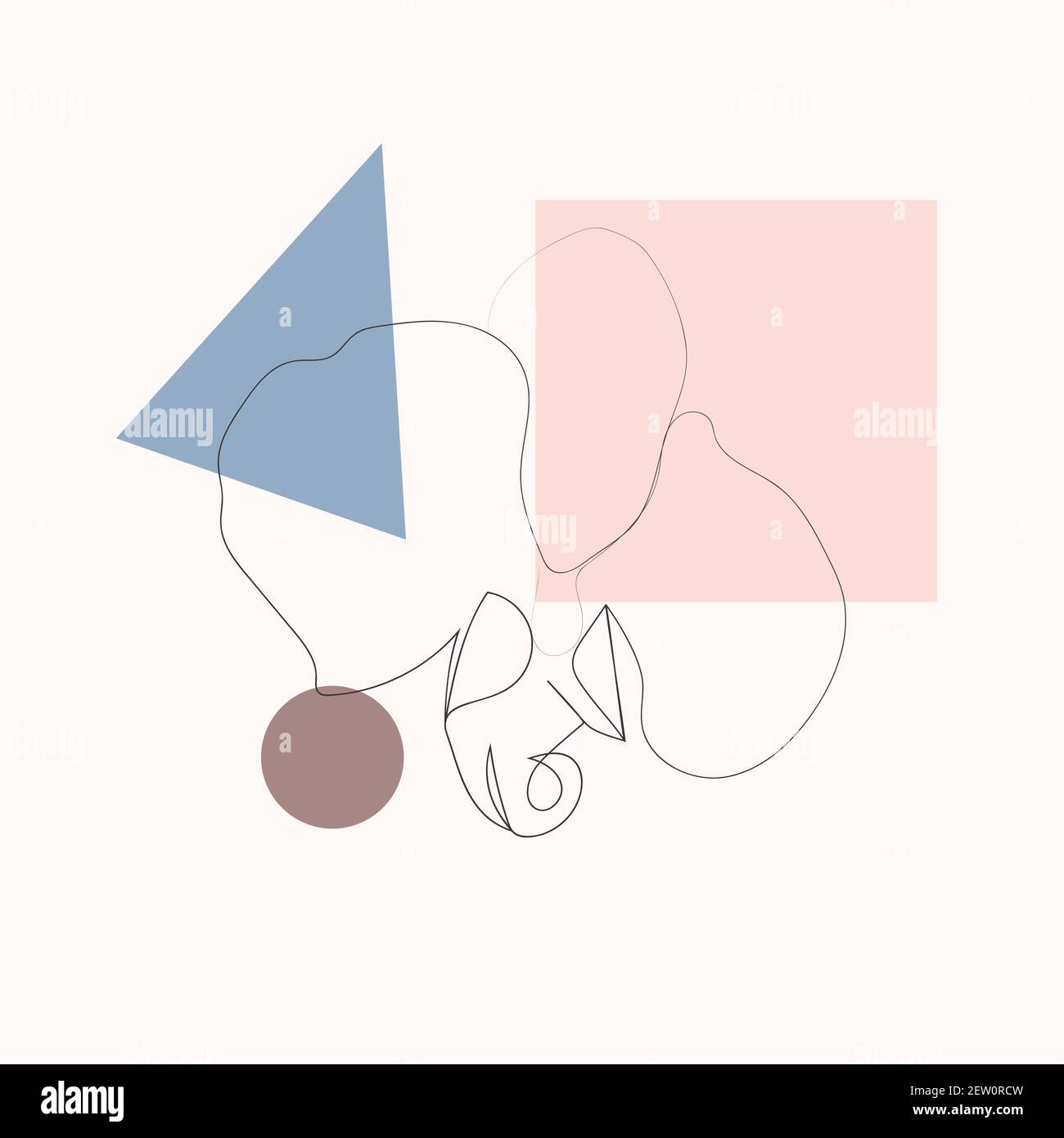 One line with minimal shapes, patterns, tropical leaves and flower ...