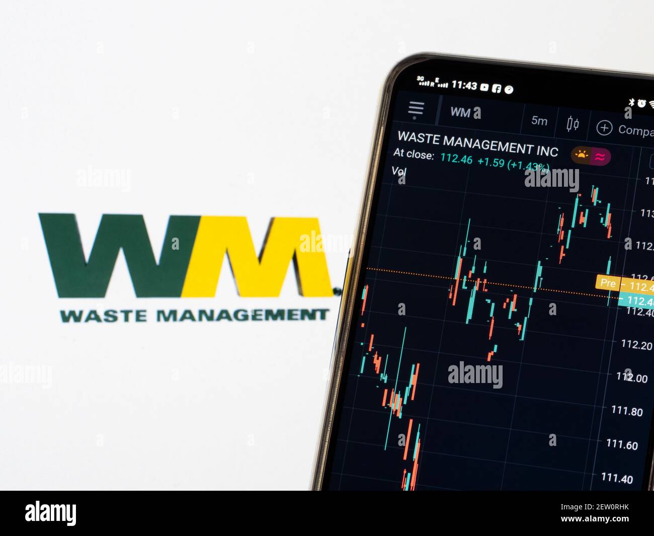 In this photo illustration, the stock market information of Waste Management Inc displayed on a smartphone while the logo of Waste Management Inc seen in the background. Stock Photo