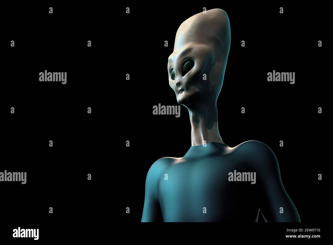 Grey Alien Humanoid ET Creature with long head. Extremely detailed and realistic high resolution 3d render Stock Photo