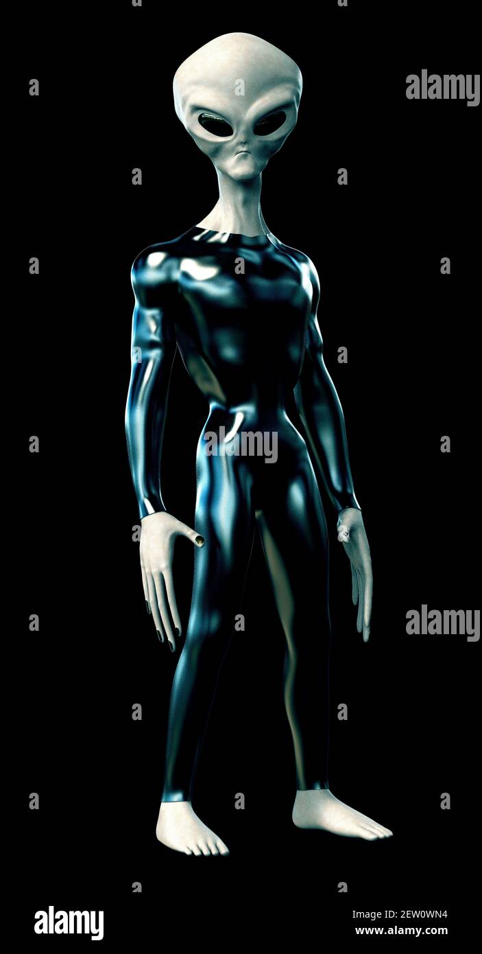 Grey Alien Humanoid ET Character on black Background. Extremely detailed and realistic high resolution 3d render Stock Photo