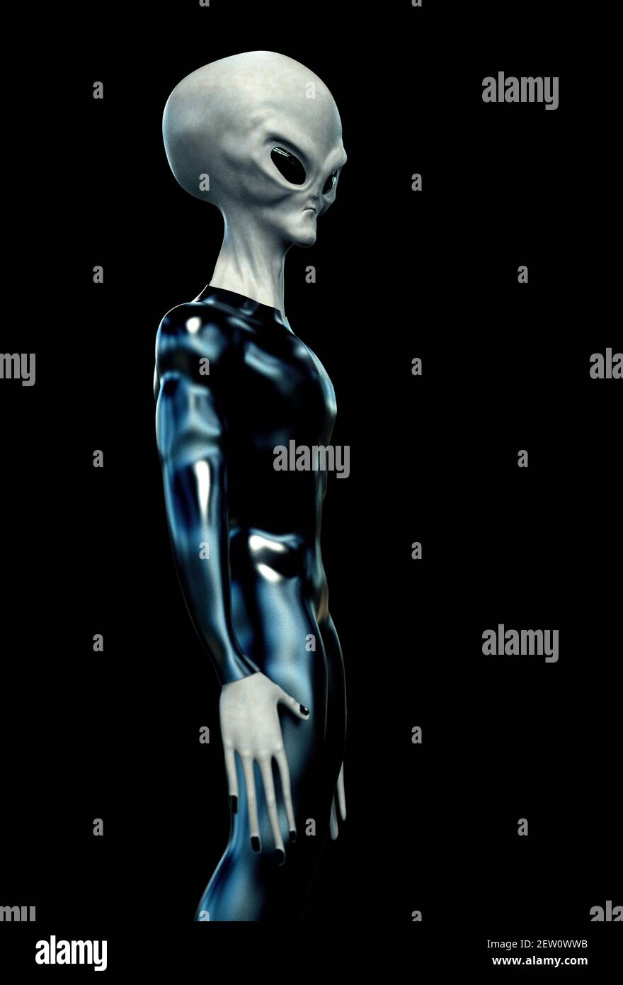 Grey Alien Humanoid ET Character on black Background. Extremely detailed and realistic high resolution 3d render Stock Photo