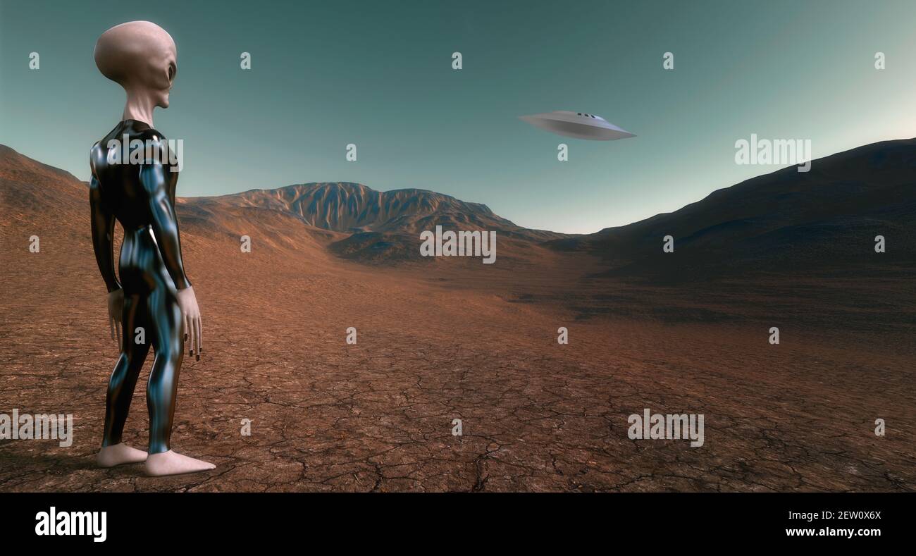 Grey Alien Humanoid ET Character on Mars like Planet. Extremely detailed and realistic high resolution 3d render Stock Photo