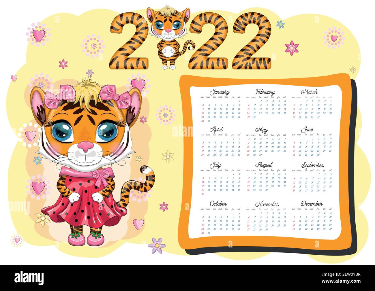Cute Tiger Wall Calendar Template for 2022 Year of the Tiger Chinese