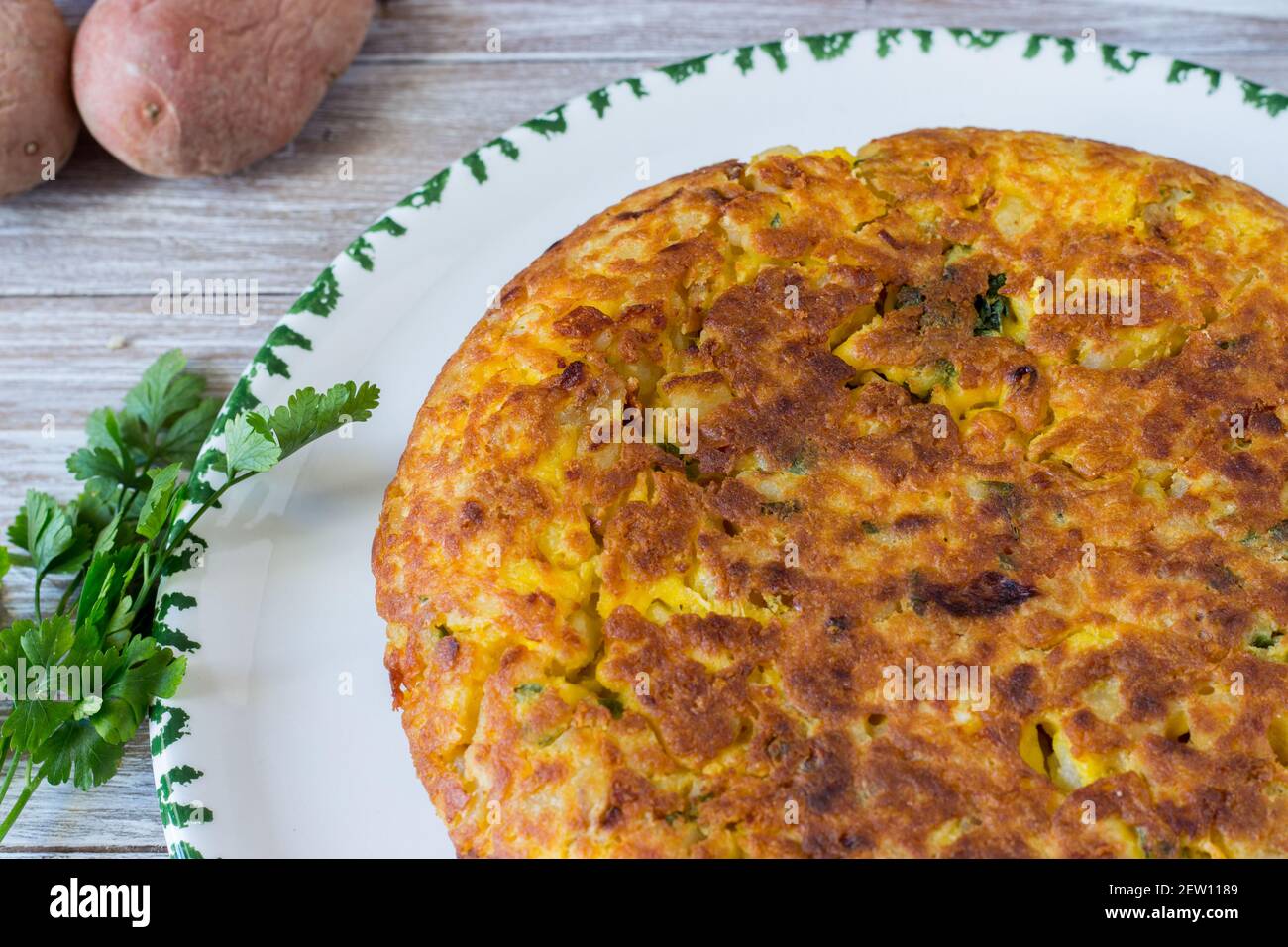 Homemade potato omelette with freerange chicken eggs and organic