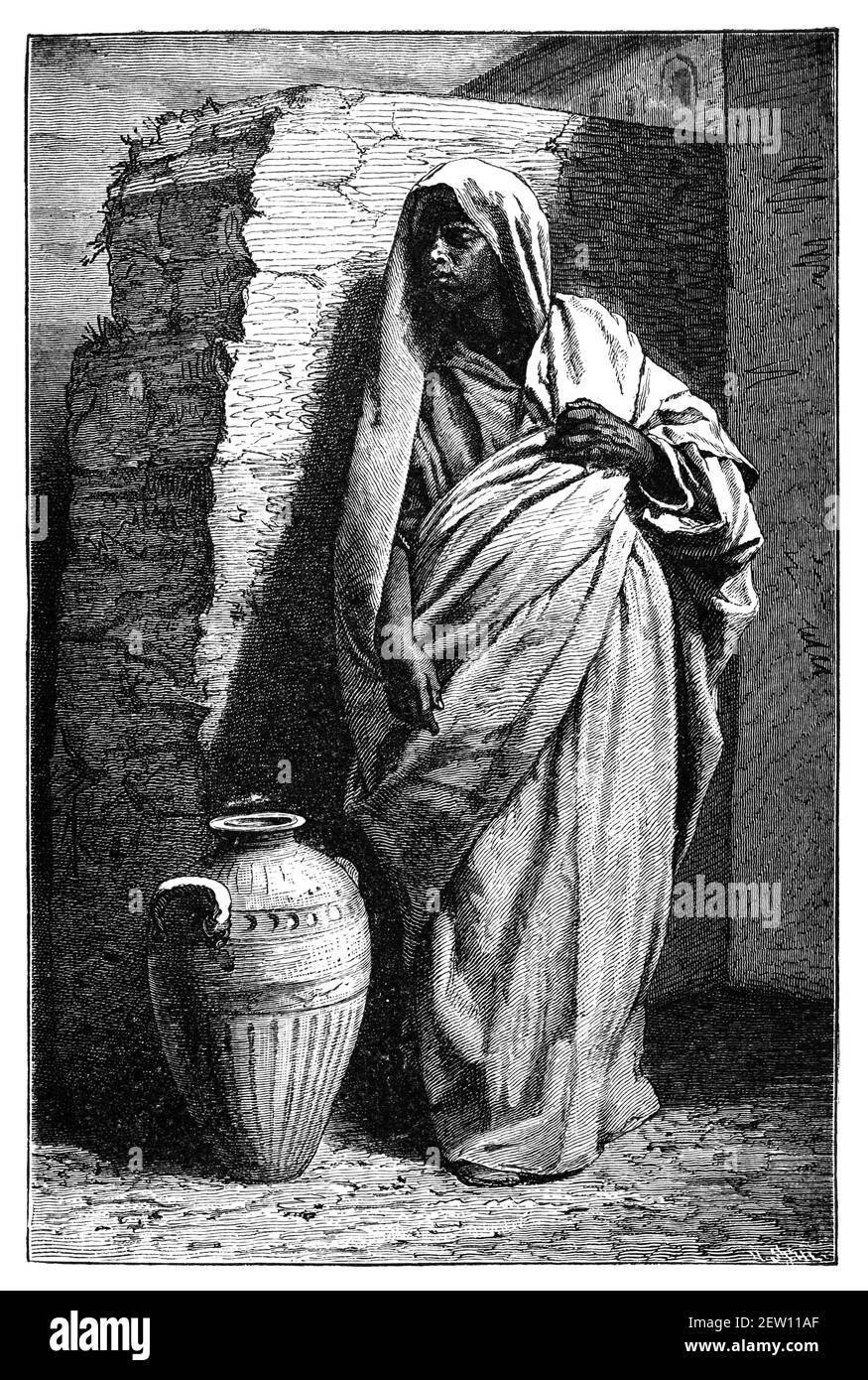 Berber woman. Culture and history of North Africa. Vintage antique black and white illustration. 19th century. Stock Photo
