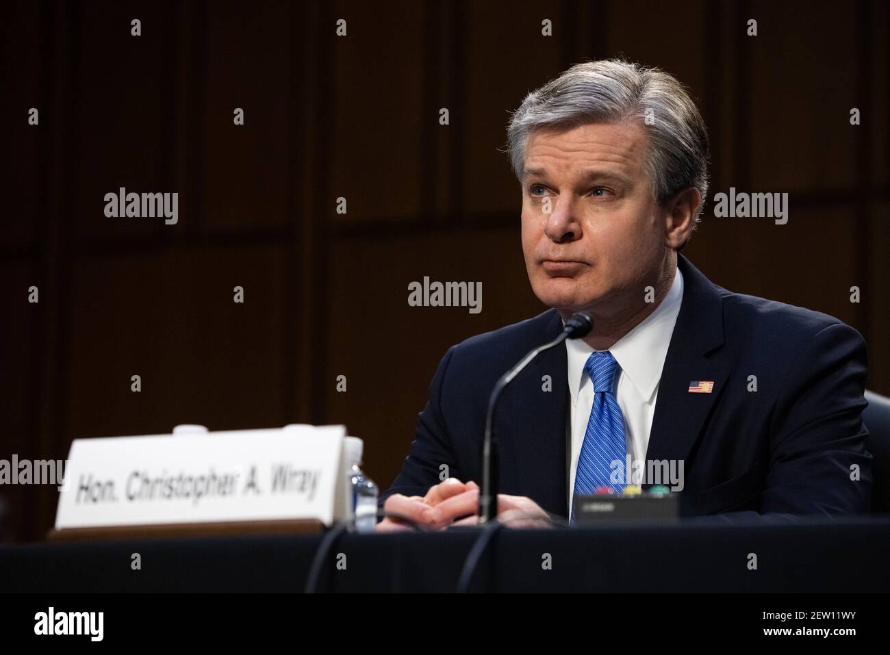 Federal Bureau of Investigation Director Christopher Wray arrives on Capitol Hill, in Washington, before a Senate Judiciary Committee on the the January 6th Insurrection, domestic terrorism and other threats, Tuesday, March 2, 2021.Credit: Graeme Jennings/Pool via CNP /MediaPunch Stock Photo