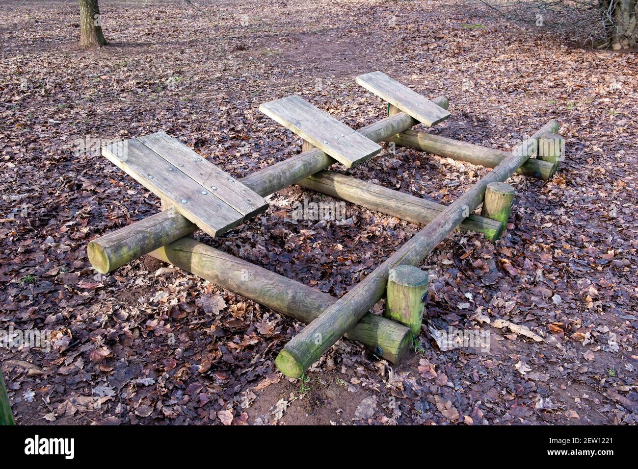 Sit ups wooden bench, Bramcote hills park, Nottingham, England, UK Stock Photo