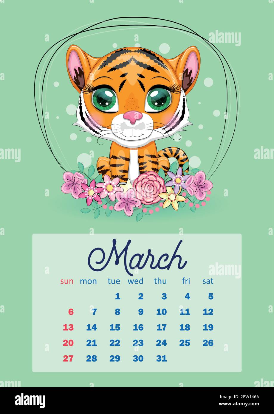 Cute Tiger Wall Calendar Template for 2022, Year of the Tiger, Chinese