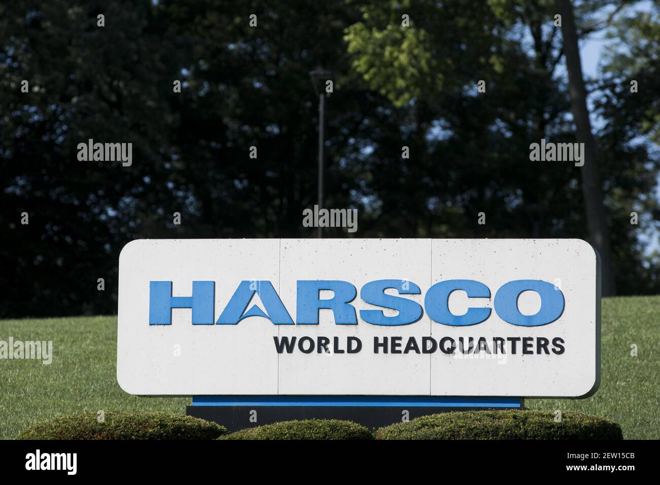 A logo sign outside of the headquarters of the Harsco Corporation in