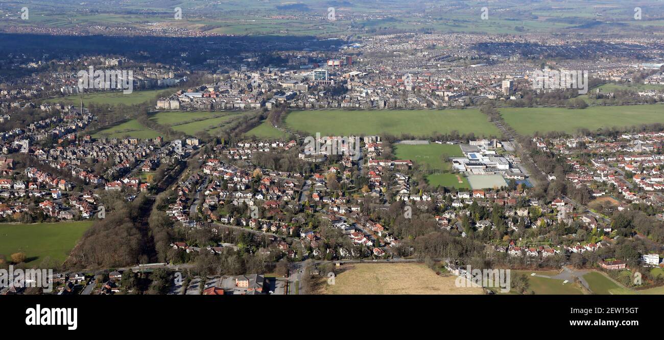 aerial view of the Harrogate skyline from the south looking across St Aidans School and The Stray (protected parkland), North Yorkshire Stock Photo