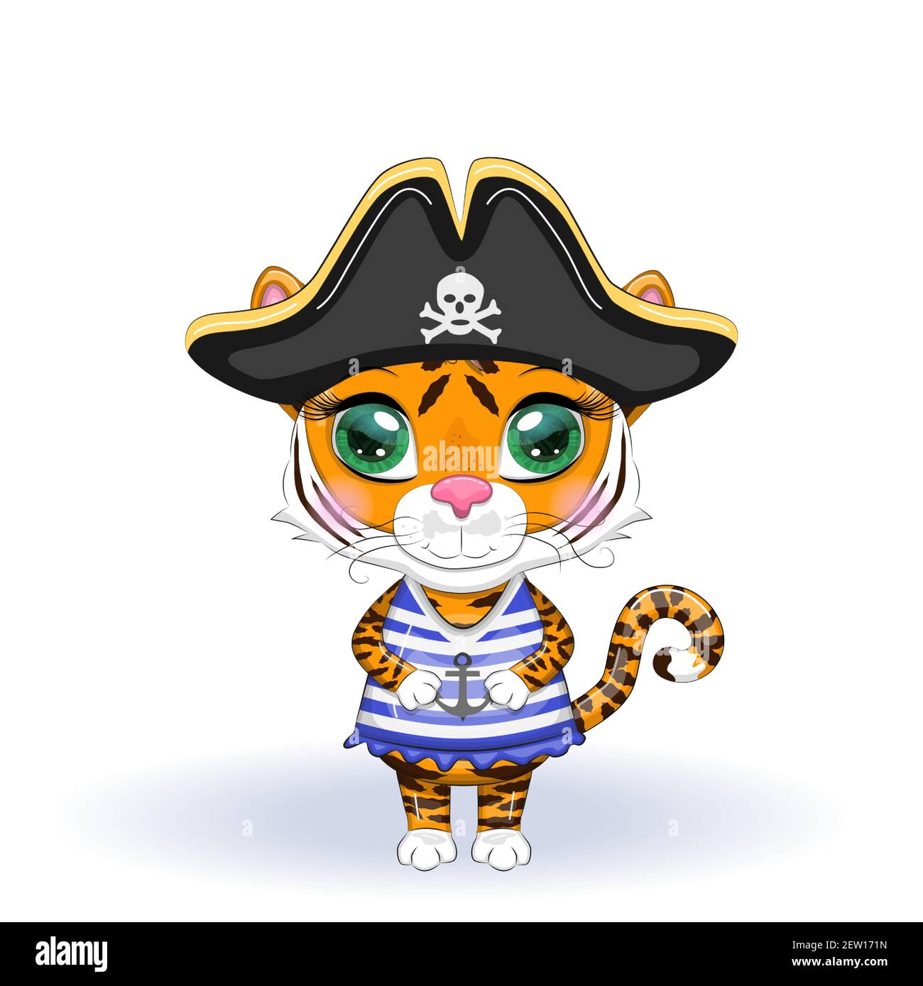 Cute cartoon tiger with beautiful eyes in the image of a pirate. Illustrations for Chinese New Year 2022, Year of the Tiger Stock Vector