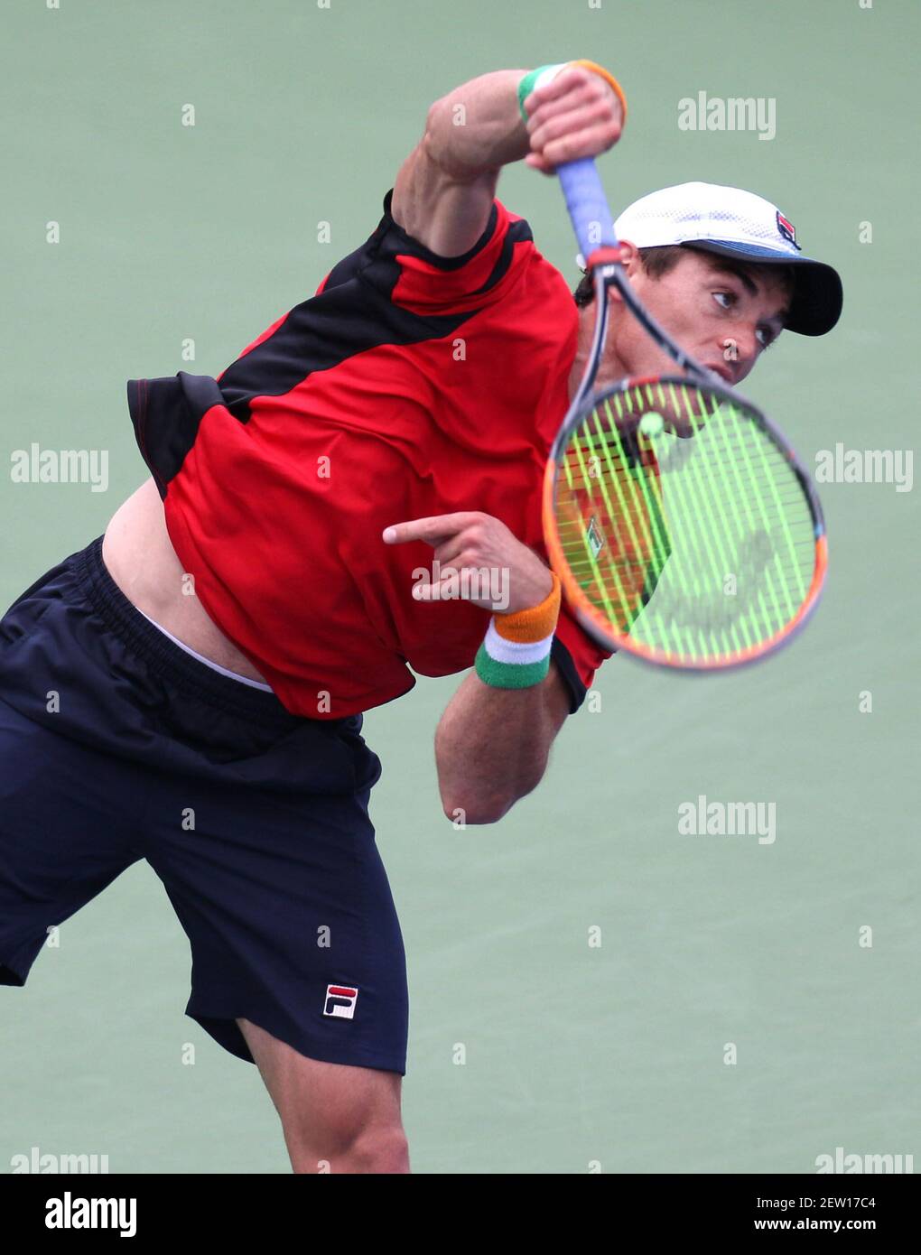 Aug 6, 2017; Montreal, Quebec, Canada; James McGee from Ireland serves  against Norbert Gombos (not pictured) from Slovekia during the Rogers Cup  tennis tournament at Uniprix Stadium. Mandatory Credit: Jean-Yves Ahern-USA  TODAY